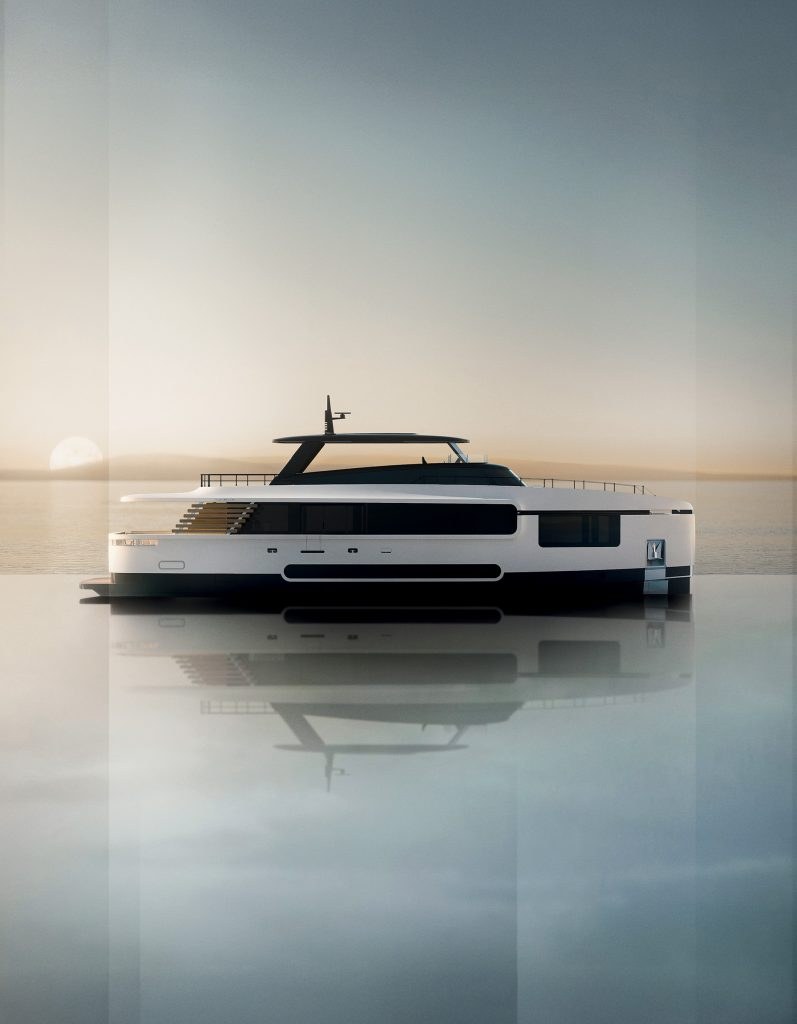 Perfil exterior do novo iate Azimut Seadeck 9, destacando o design inovador voltado para a costa alagoana