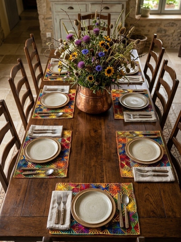 Mesa posta decorada com jogos americanos em bordado file tradicional, conceito que inspira a decoracao do evento