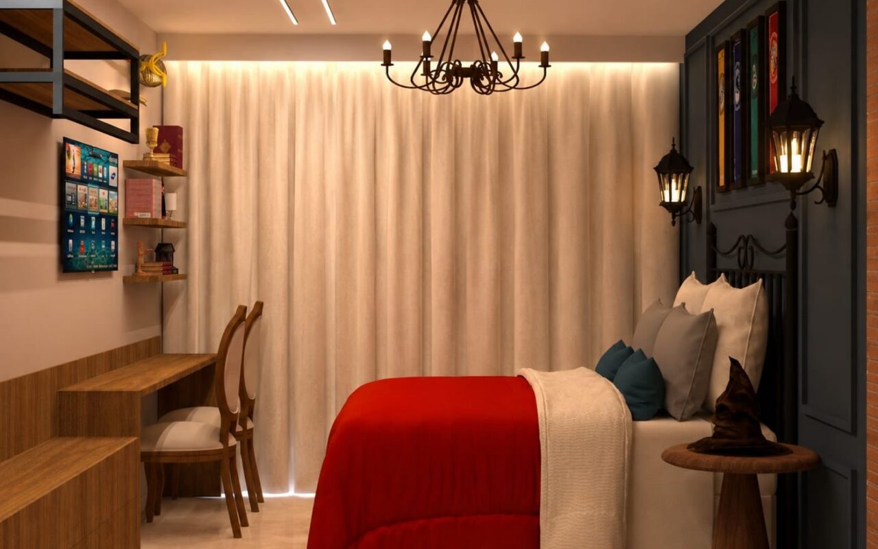 Projeto do studio temático Harry Spot, em Maceió: quarto com cama e escrivaninha