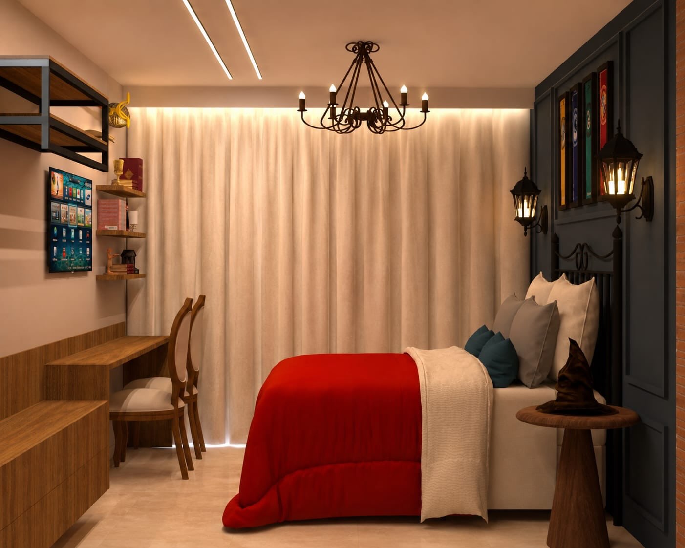 Projeto do studio temático Harry Spot, em Maceió: quarto com cama e escrivaninha