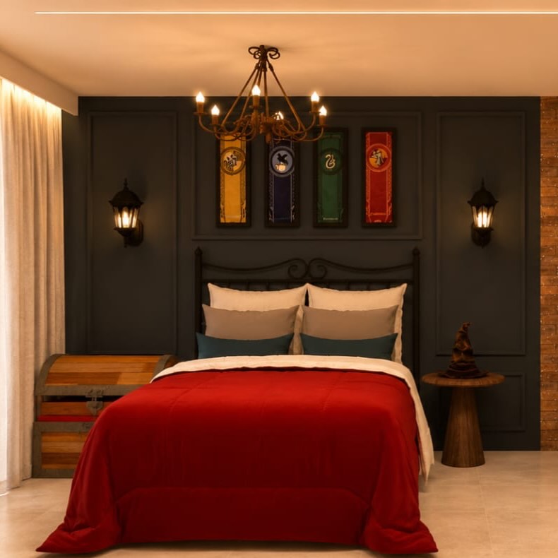 Projeto do Harry Spot: cabeceira com estandartes das casas de Hogwarts