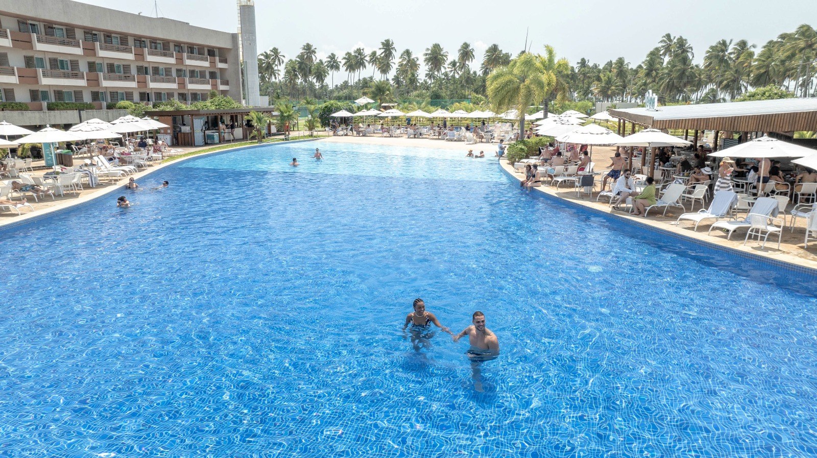 A piscina larga se estende diante dos apartamentos, com guarda-sóis alinhados sob o coqueiral