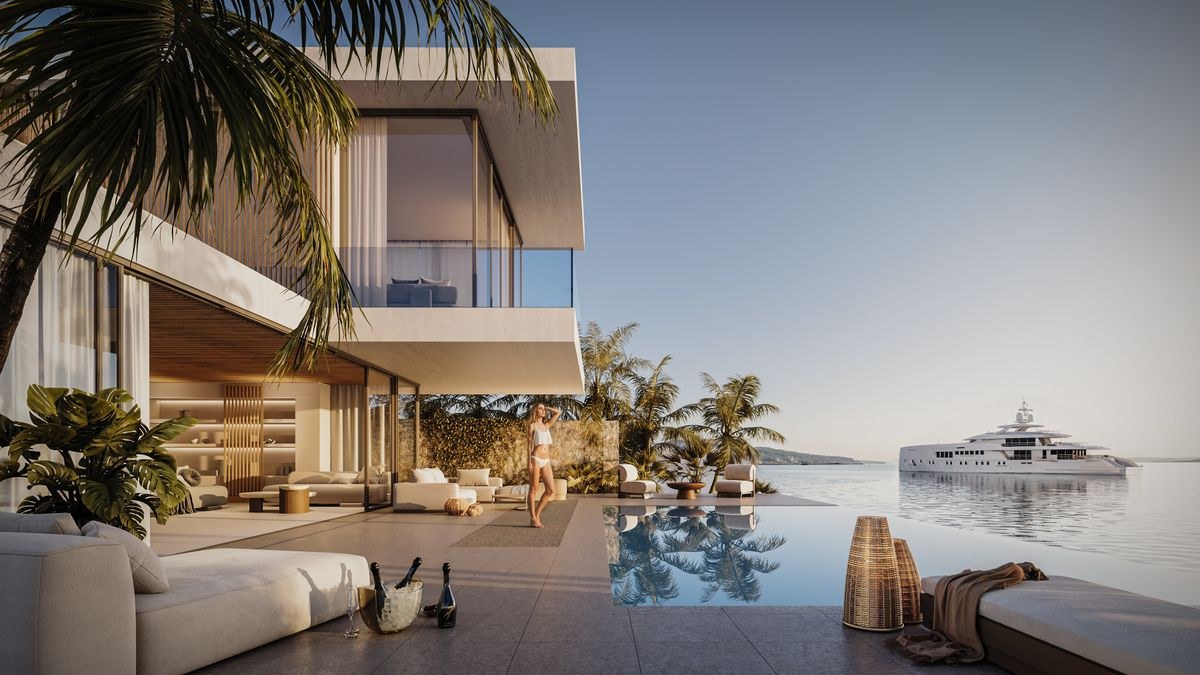 Renderização de residência à beira-mar com piscina e iate ao fundo ilustra o conceito de moradia ligada à marina no Port Nimara