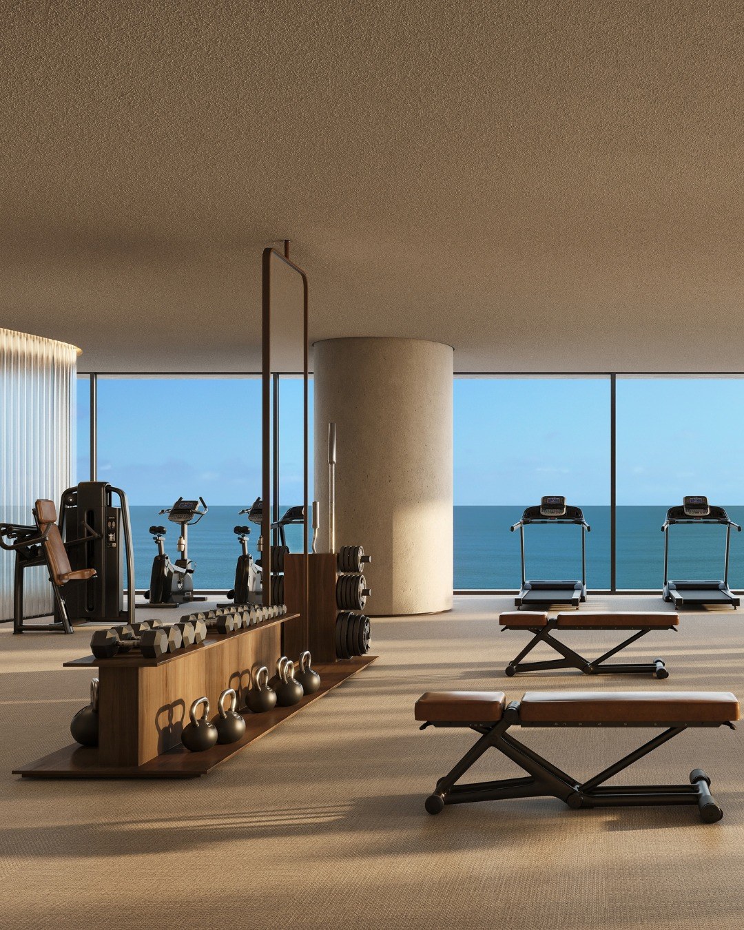 Espaço fitness com vista panorâmica para o mar em empreendimento de alto padrão da Moura Dubeux em Maceió