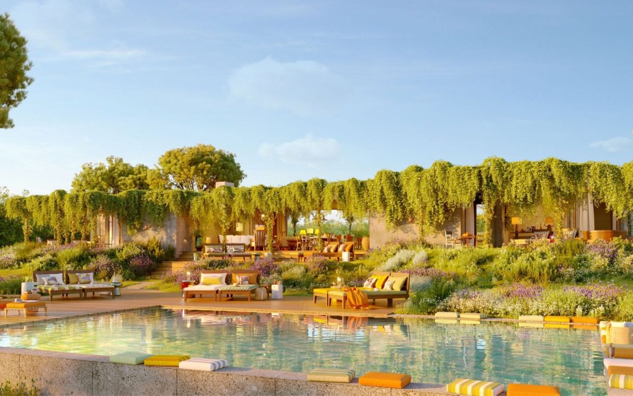 Trepadeiras caindo sobre o pavilhão fazem a arquitetura quase desaparecer entre os jardins de lavanda e a piscina